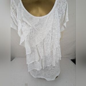 Cattlelac Ranch White Opaque Lace Patterned Fabric Ruffle Blouse Size Medium